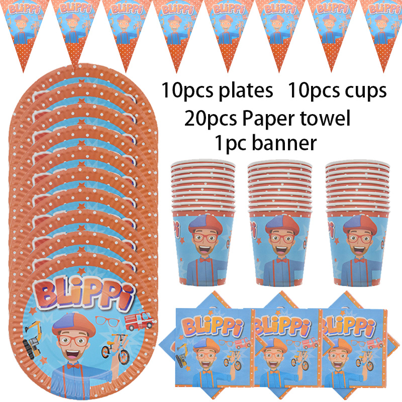 Blippi Disposable tableware set Paper Cups Plates napkins Straw Kids Happy Birthday Party Decoration baby shower Party Supplies