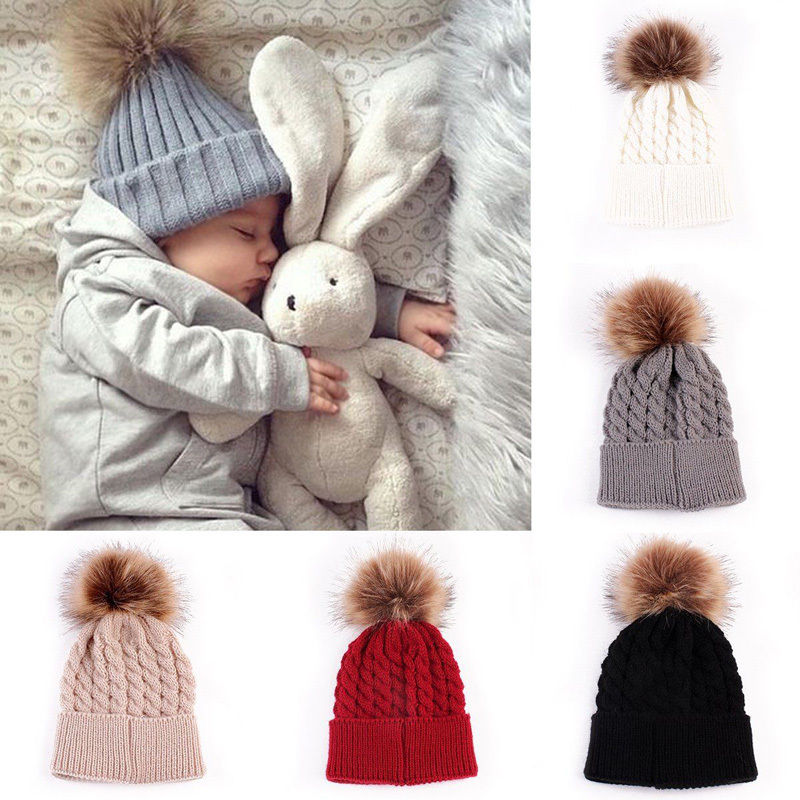 2Pcs/Pair Family Matching Outfits Mother and Kid Baby Child Warm Winter Knit Beanie Fur Pom Hat Crochet Ski Cap