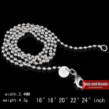 2.4MM Silver Plated Lobster Clasp Bead Chain 16 18 20 22 24 inch Pick Size For Jewelry Making