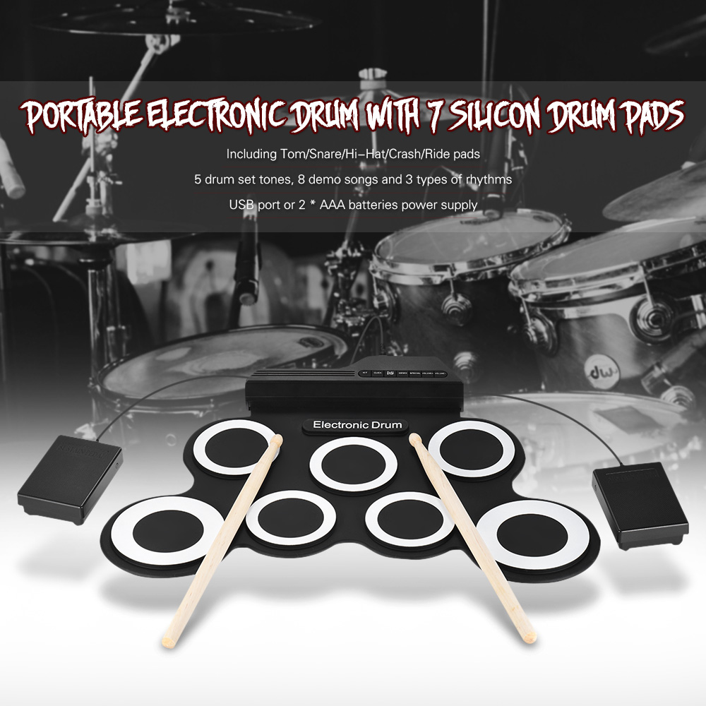 USB Roll-Up Silicon Drum Set Digital Electronic Drum Kit 7 Drum Pads with Drumsticks Foot Pedals for Beginners