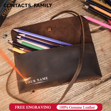 Retro Leather Roll Pencil Cases Leather Pen Bag Pouch Texture Student Pencil Bags Office School Supplies Stationery escolar