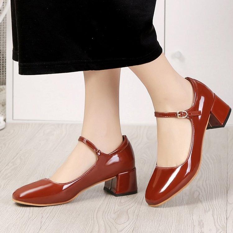 2019 New Women Dress Shoes Medium Heels Mary Janes Shoes Patent Leather Pumps Ankle Strap Ladies Shoe Office Zapatos Mujer E875