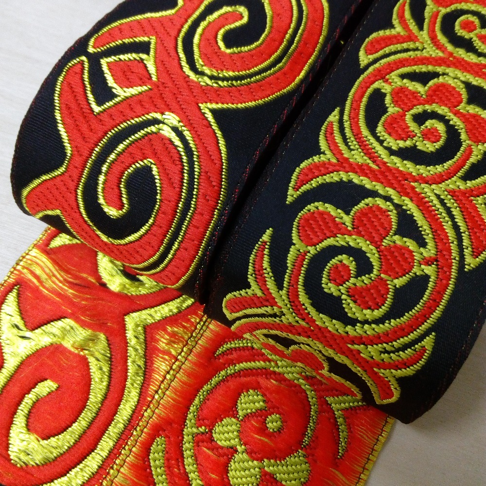 50mm 5cm 2'' Bright Red Yellow Black Grounding Flowers Ethnic Costume Laciness Woven Embroidery National Jacquard Ribbon Webbing