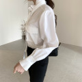 Women Blouses Pleated Lace Up Stand Collar Solid Color Double Pockets Petal Sleeve Femme Blusas Autumn New Women Shirts PL402