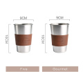 ROKEN Stainless Steel Coffee Mugs with Straws and insulated leather 350ML Metal Drinking Mug Coffee Mug Food Grade Cups BPA Free