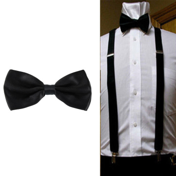Retro Adjustable Elastic Clip-on Y-back Suspenders Bow Tie Set Solid Black Shows Wedding Party for Unisex