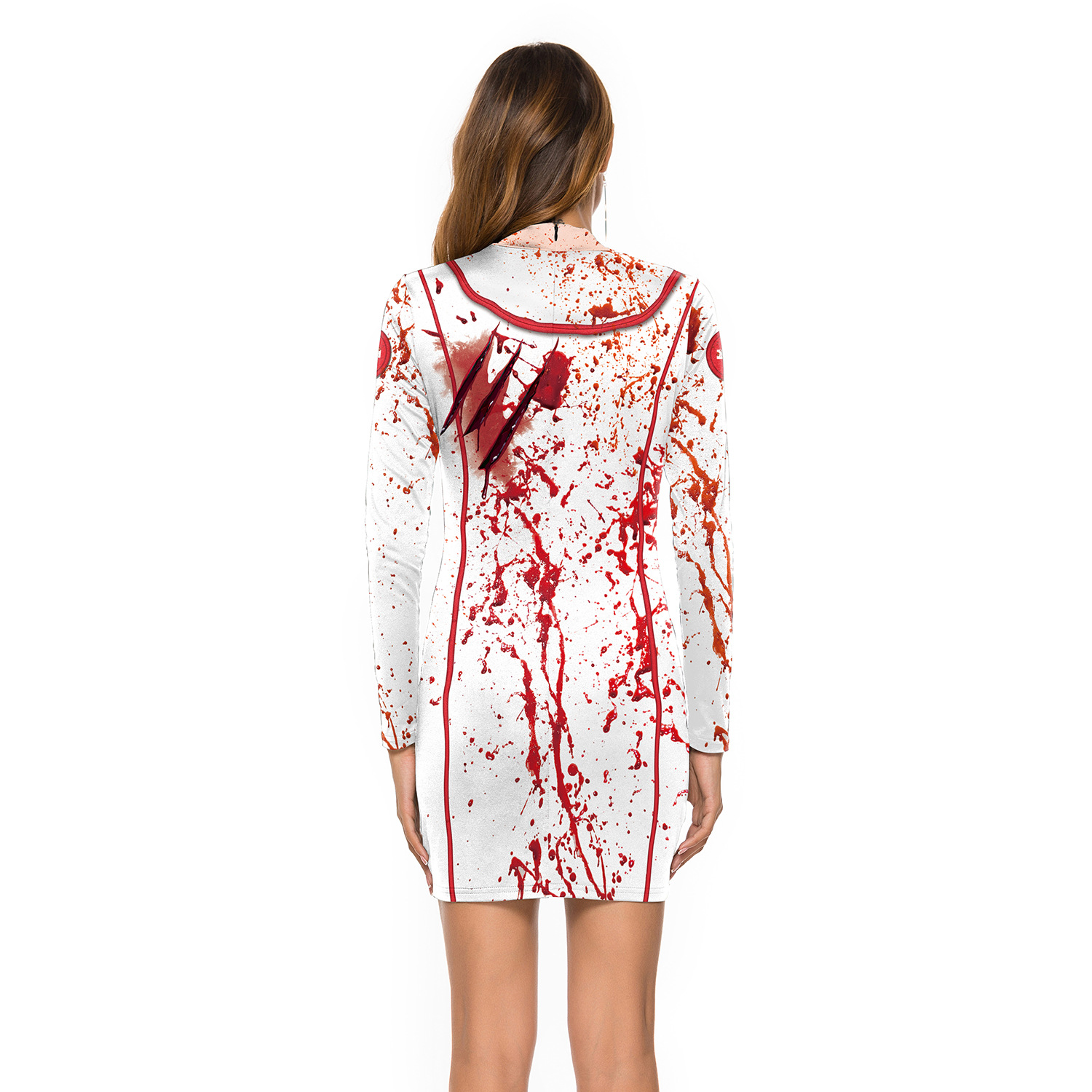 Ladies Halloween Party Horror Costumes Bloody Nurse Zombie Dress Cosplay Sexy Ladies Round Neck Long Sleeve Pack Hip Dress