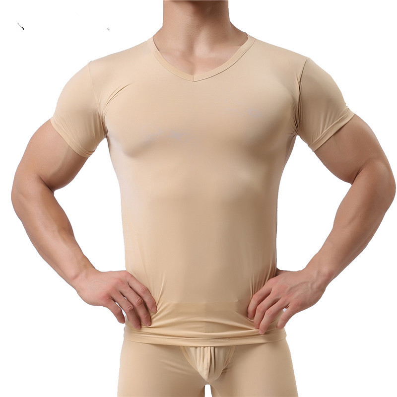 Men Clothes Set Mens Undershirts Short Sleeve T-shirts Homme Underwear Slim Fitness Tops Penis Pouch Sleep Bottoms Long Pants