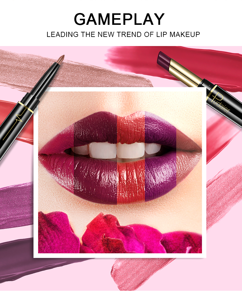 Pudaier Double Head Lip Liner Pencil 2 in 1 Lip Gloss Lip Beauty Makeup Waterproof Matte Red Velvet Nude Color Cosmetics TSLM2