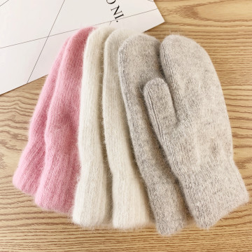 Women Winter Thick Knitted Cashmere Double Layer Plush Wool Knit Warm Soft Mittens Female Cute Full Fingers Gloves