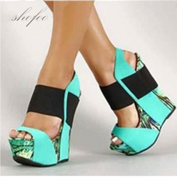 SHOFOO shoes,Sweet fashion women's shoes, multicolored leather, about 15 cm wedges sandals, women's sandals. SIZE:34-45