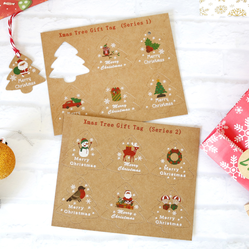 48sets Merry Christmas Gift Tags Santa Claus Snowman Xmas Tree Shape DIY Hang Tags with Rope New Year Party Gift Wrapping Labels