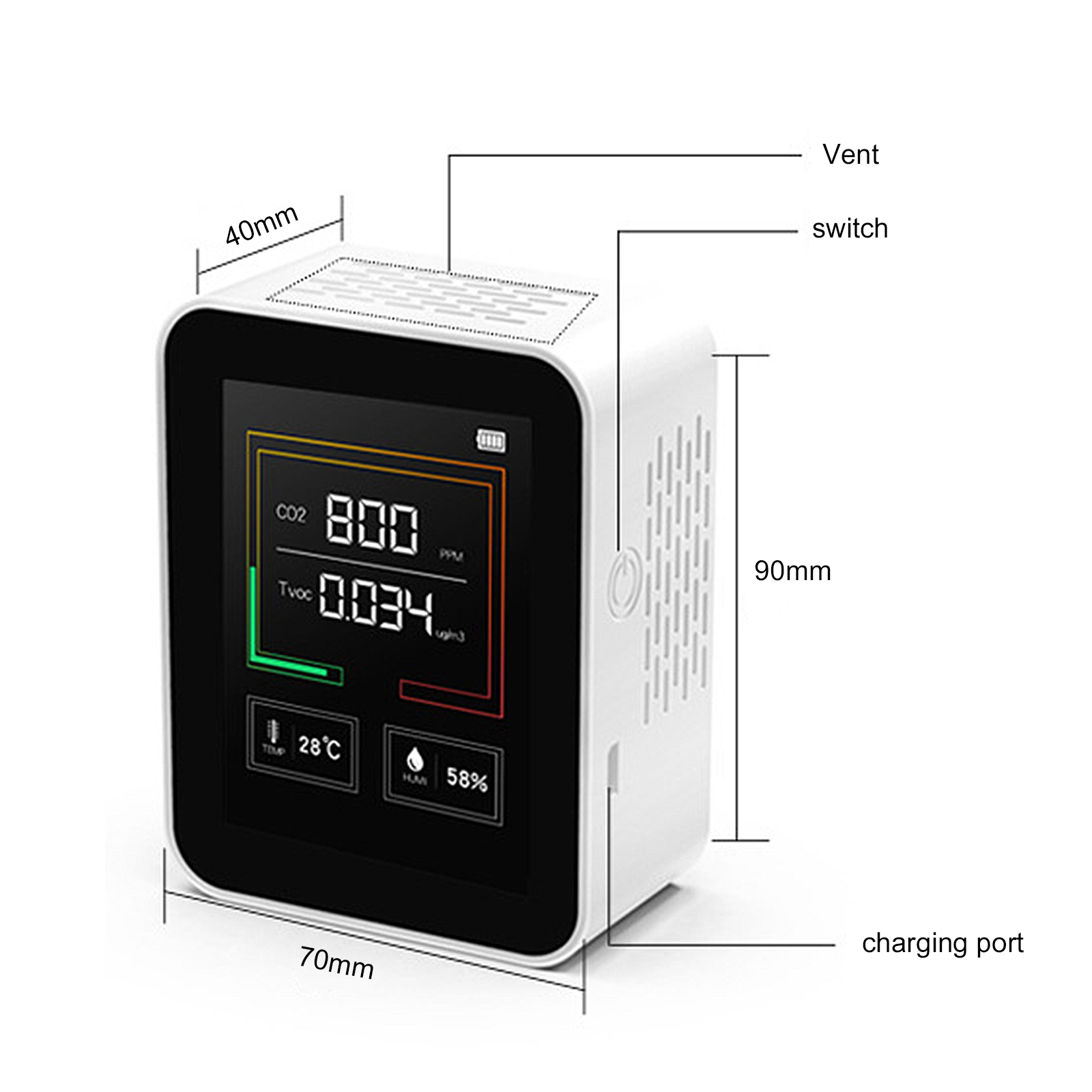 CO2 Detector Meter - USB Power & Battery Carbon Dioxide / TVOC Gas Concentration Content Monitor Air Quality Analyzer Teste