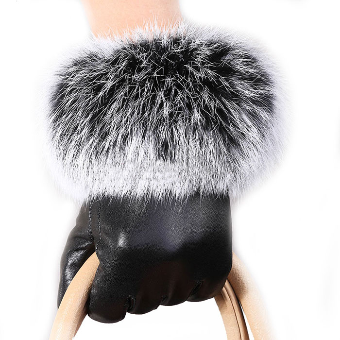 New Arrival Winter Gloves Women Touch Screen Waterproof Outdoor Leather Lady Black Leather Gloves Winter Warm Rabbit Fur Mittens