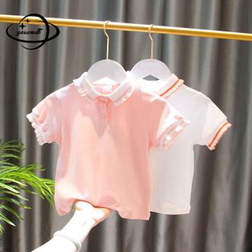 3-7y Kids Polo Shirts Summer Girls Tops Tees Clothing Short Sleeve Solid Color Breathable Lace Soft Children's Clothes H21