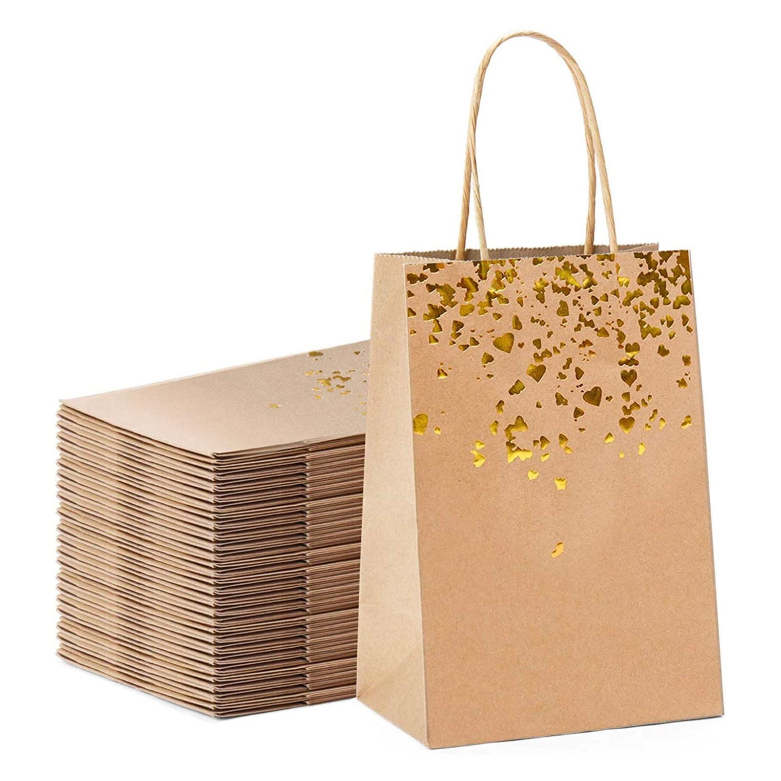 20pcs Heart-shaped Kraft Paper Bag with Handles Solid Color Gift Packing Bags for Store Clothes Wedding Party Supplies Handbags