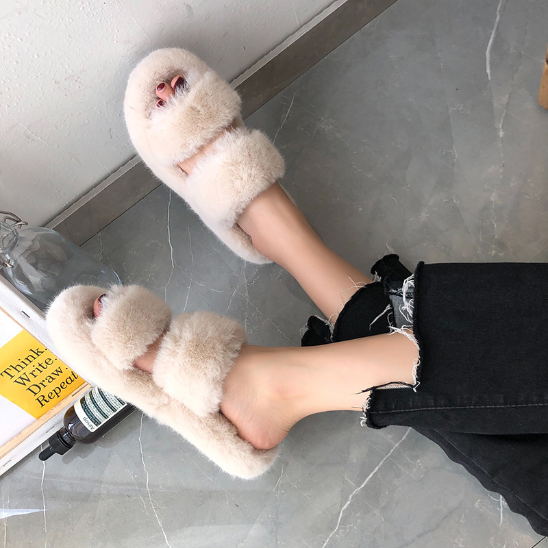 Winter House Women Fur Slippers Fashion Cross Band Warm Plush Ladies Fluffy Shoes Cozy Open Toe Indoor Fuzzy Slides For Girls