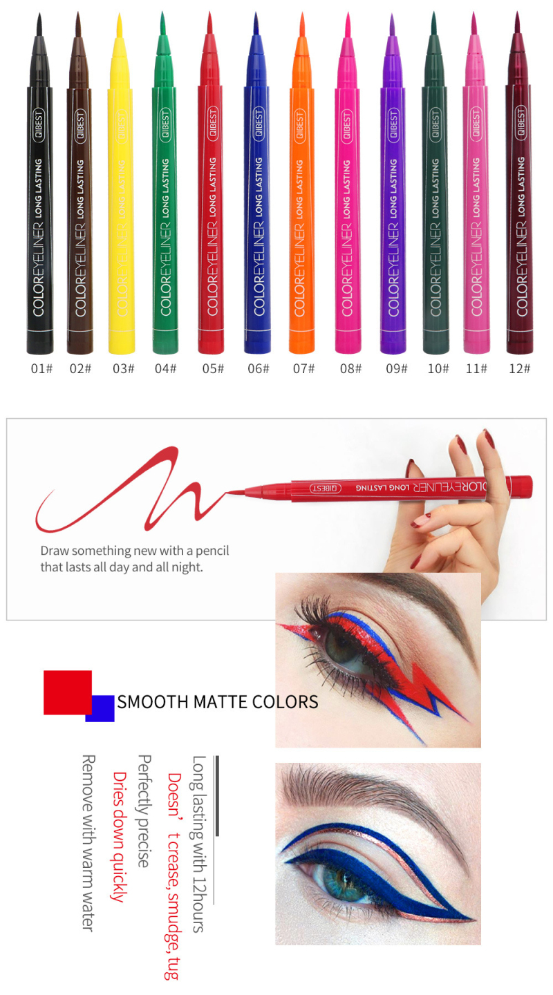 QIBEST 12 Colors Eyeliner waterproof not blooming Long-lasting Liquid eyeliner pen Easy To Wear Matte Eye Liner Comestics TSLM1
