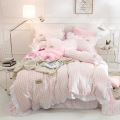 Japanese Brief Pink Grid Ruffles Princess 3/4 pcs Bedding Set Bed Sheet Duvet cover Pillow Cases Washed Cotton King Queen Twin