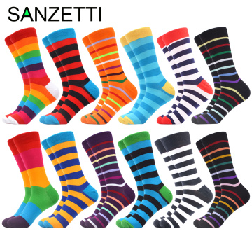 SANZETTI 12 Pairs/Multicolor Cotton Men's Socks Happy And Fun Rainbow Striped Street Style Socks Wedding Birthday Party Gift