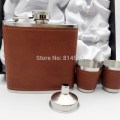 Personalized birthday gift or Father's day gift of 6OZ brown leather hip flask with 2 brown cups and funnel in gift box