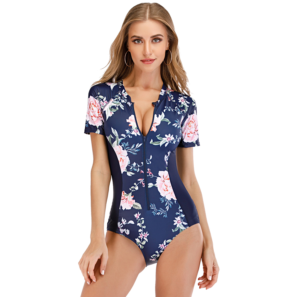 2020 Diving One Piece Swimsuit Print Short Sleeve Women Sport Swimwear Bathing Suit Rash Guard Surfing Suit Rashguard plus size