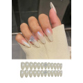 24pcs RemovableMermaid Pearl Nail Powder Aurora False Nails Bronzing French nail tips Press On Fake Nails Pointed Nail Extension