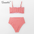 SEASELFIE Sexy Red Gingham Smocked Bikinis Set Swimwear Women Swimsuits Bathing Suit 2021 Bandeau High-waist Bikini Beachwear