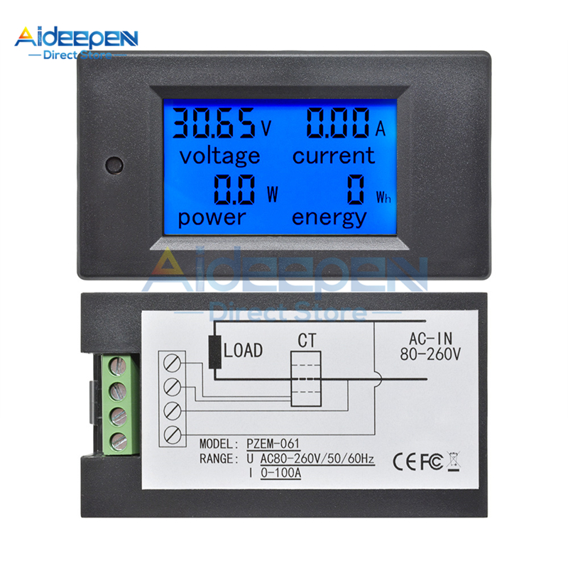 DC 6.5-100V AC 80-260V 20A/50A/100A 4 in 1 LCD Digital Voltmeter Ammeter DC Voltage Current Power Energy Meter Detector Shunt