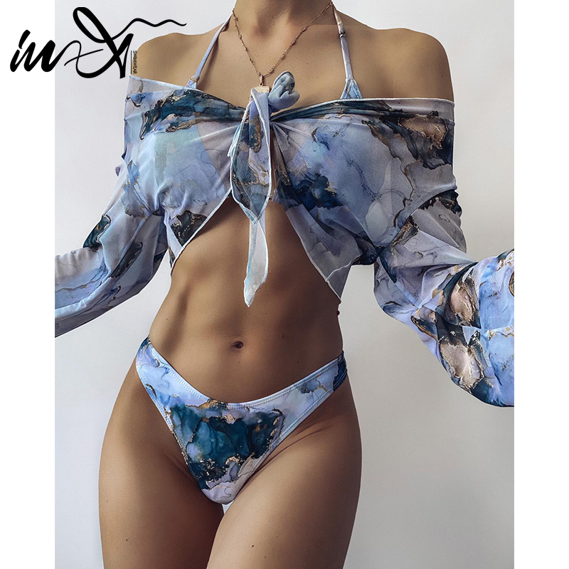 In-X Tie-dye print 3 piece swimsuit female Sexy mesh bikini 2021 Long sleeve swimwear women Knot biquini Beach wear bathing suit