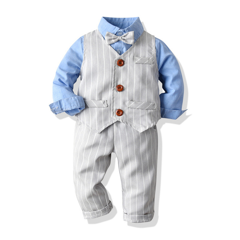 Baby Boy Clothes Birthday Party Baby Costume Boys Gentleman Tie Blue Shirt Vest Pants Autumn Toddler Baby Clothing Set Outfits
