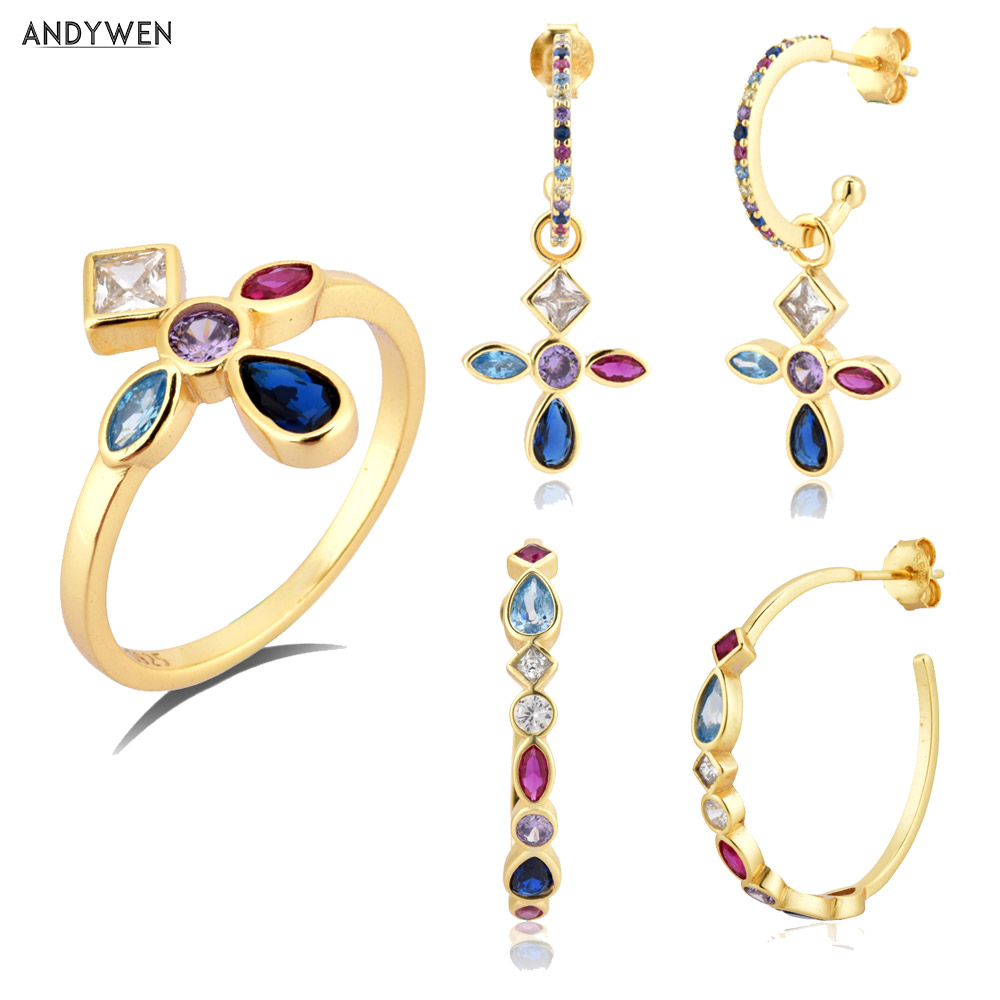 ANDYWEN 925 Sterling Silver Five Color Gold Rainbow Cross Drop Earring Hoops Piercing Ring Jewelry Set For Women Fashion Jewels