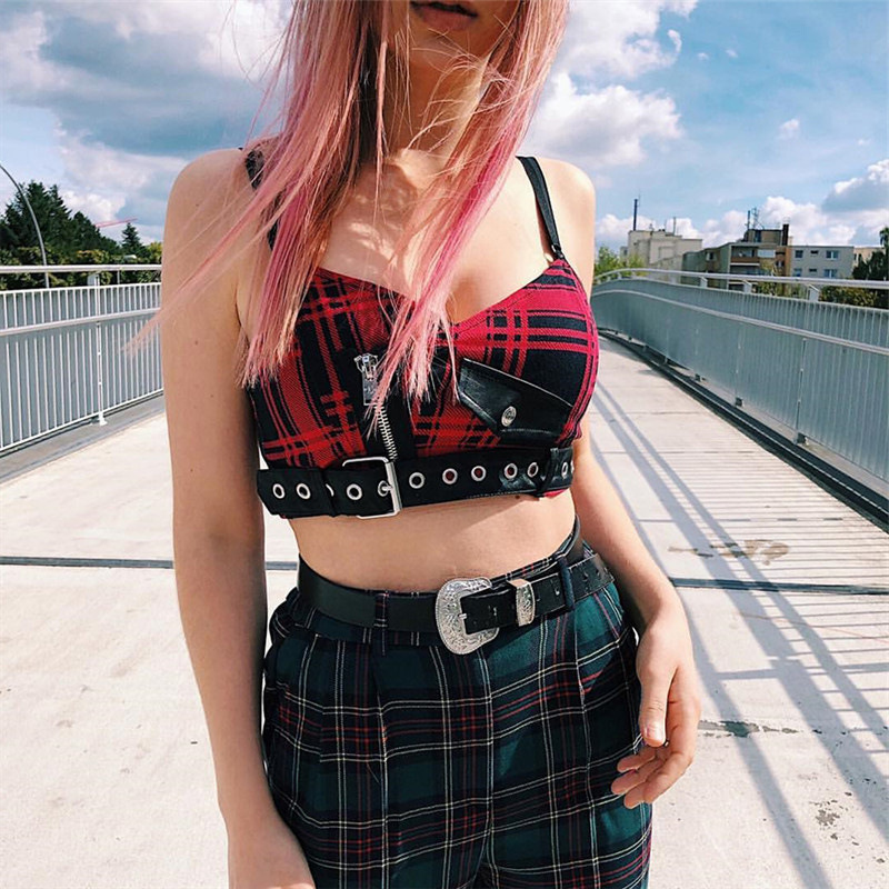 Chic Punk Style Gothic PU Buckle V Neck Zip Sashes Belt Cami Top Sexy Short Vest Summer Crop Top Rock Red Black Plaid Tank