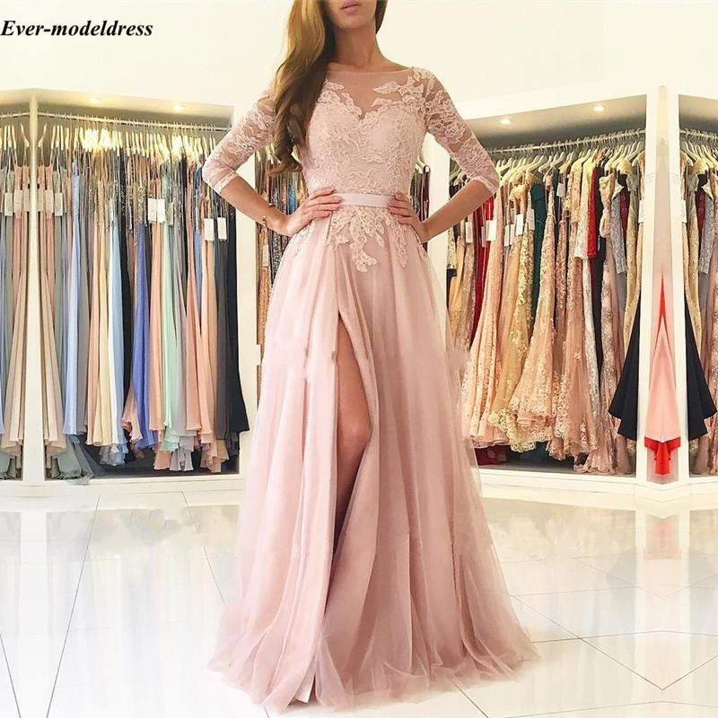 Blush Pink Bridesmaid Dresses 2020 Sexy A-Line High Split Backless Lace Long Sleeve Floor Length Wedding Guest Prom Party Dress