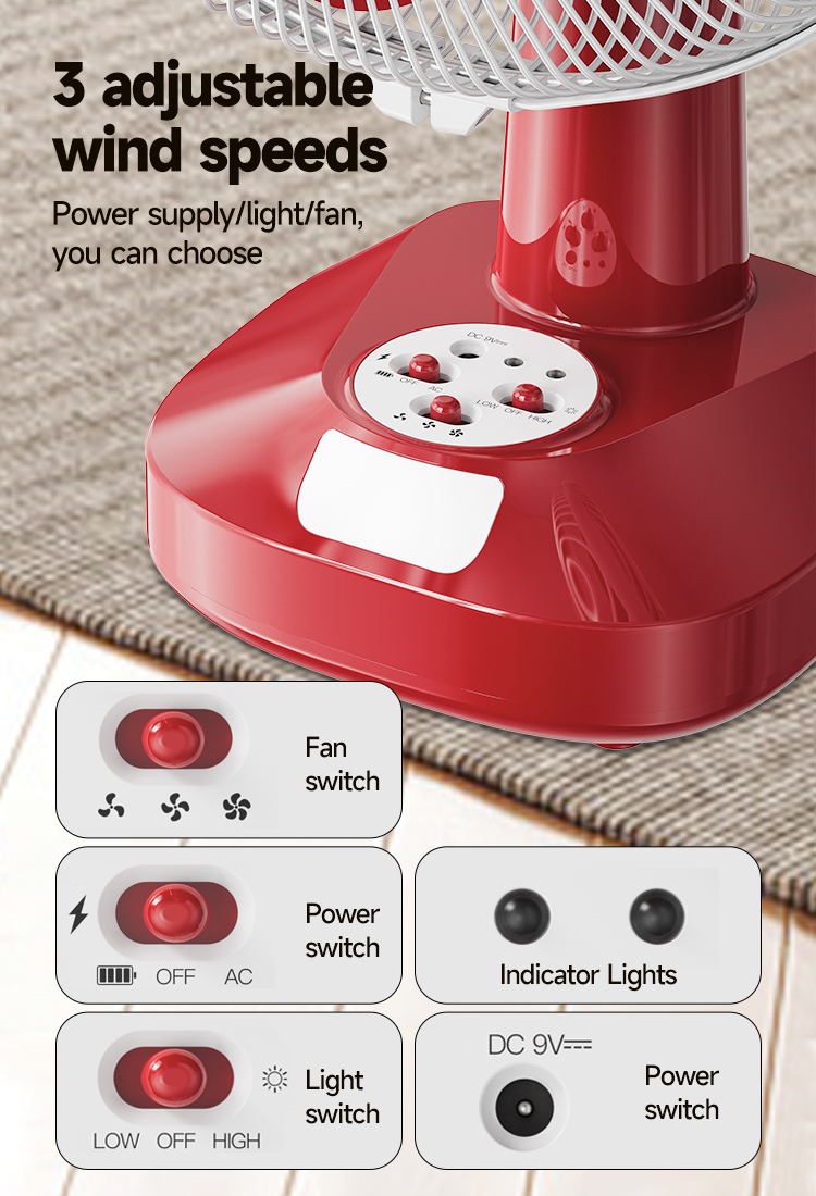 06-F111AT-F111AT-12 Inch Rechargeable Table Floor Solar Fan AC DC with LED Light