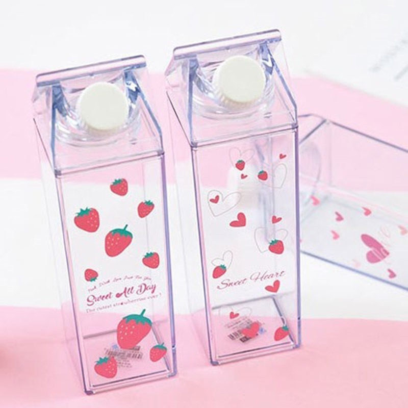 Creative Cute Plastic Clear Milk Carton Water Bottle Fashion Strawberry Transparent Milk Box Juice Water Cup BPA Free