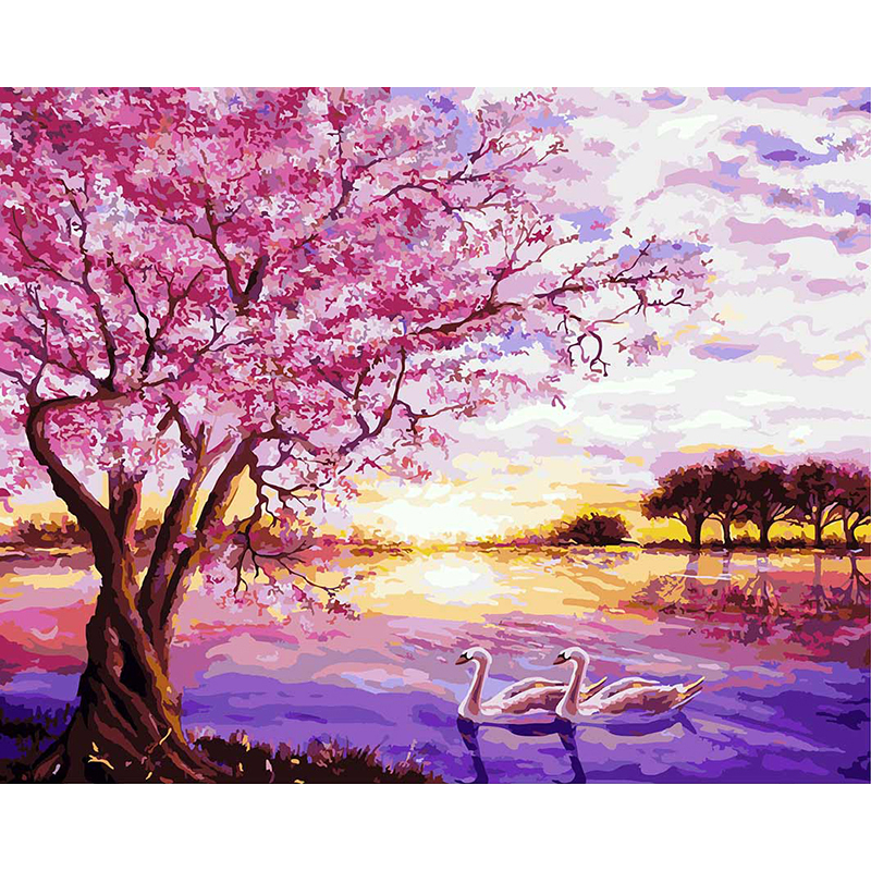 Classic Pink Purple Series Paint By Numbers Flower For Adults DIY Painting Cherry Tree Cherry Blossom Road Pink Peach Trees