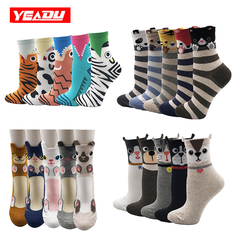 Yeadu 5 pairs/lot Fashion Harajuku Cotton Women's Socks Happy Cute Animal Soft Novelty Kawaii Funny Stripe Dogs Sock for Girl