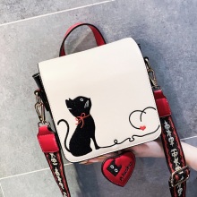 Women Bag Cute Cat Embroidery Shoulder Bag Leather