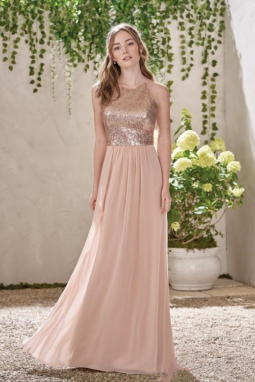 Rose Gold Bridesmaid Dresses A Line Spaghetti Backless Sequins Chiffon Long Beach Wedding Gust Dress vestido de festa longo