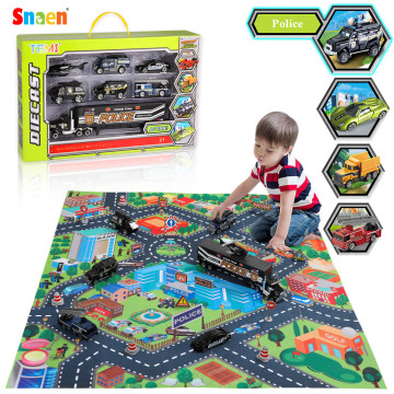Diecast City Police Car Toy Set w/ Play Mat Truck Carrier SWAT Armored Vehicle Alloy Metal Military Vehicle Play Set for Kids
