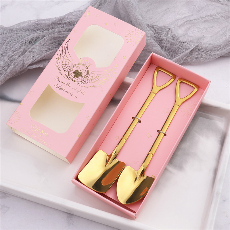 2Pcs Metal Ice Cream Coffee Spoon Shovel Shape Tea Spoon Afternoon Tea Dessert Fruit Long Handle Spoon Gift Boxed Kitchen Tools