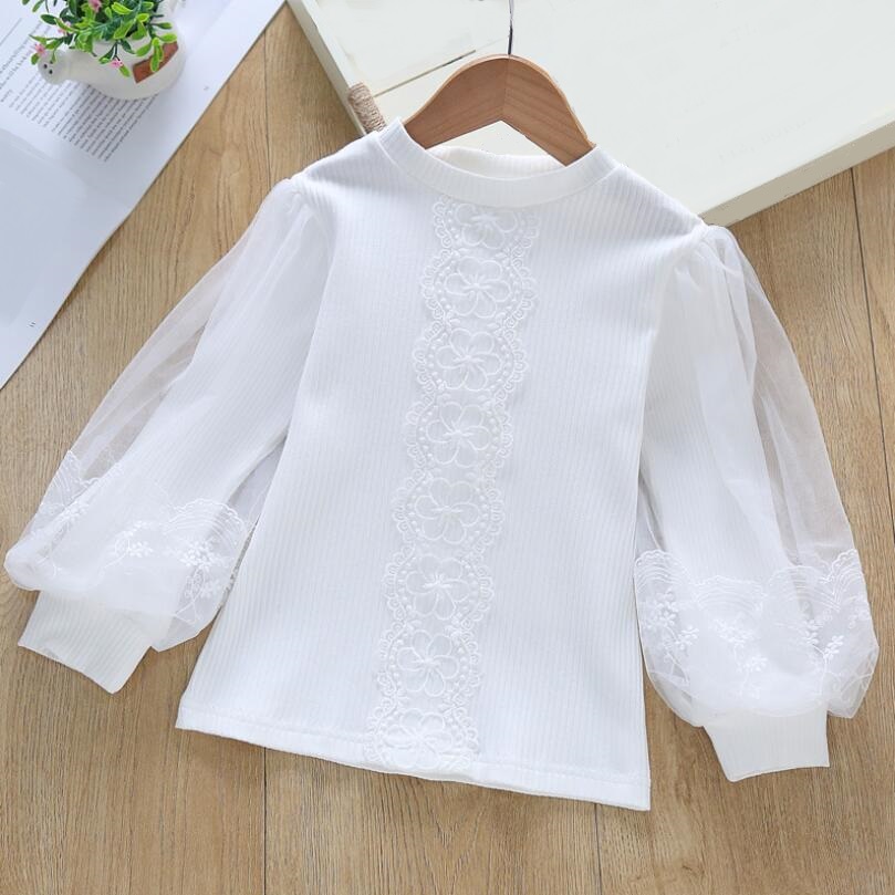 Autumn School Girls White Blouse Long Sleeve Lace Floral Shirts Kids Cotton Shirt Baby Toddler Girl Tops Tee Children Clothes