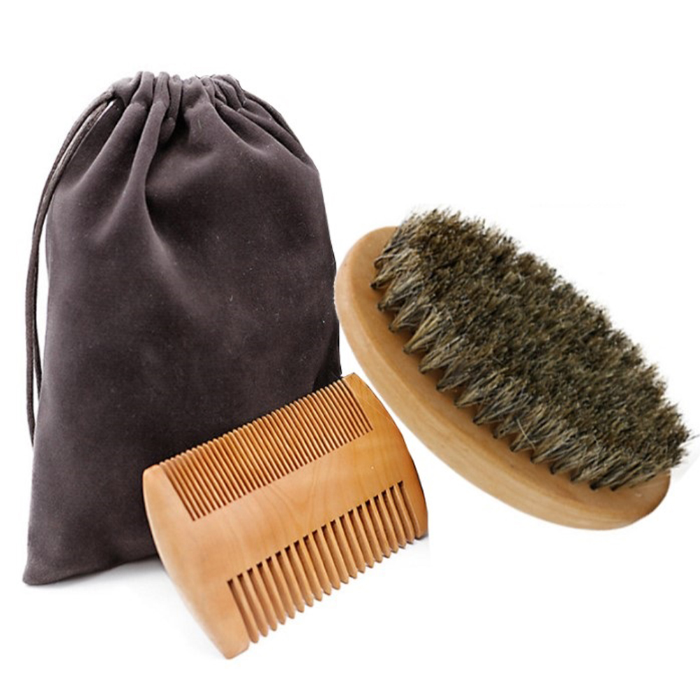 Soft Boar Bristle Wood Beard Brush Hairdresser Shaving Tool Men Mustache Comb Kit With Gift Bag Beard Hair Comb Set