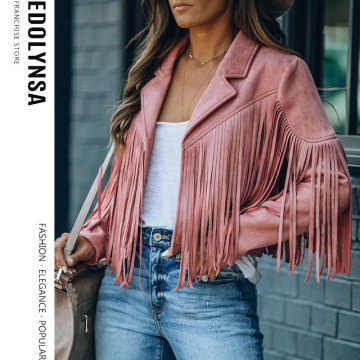 Fringe Faux Suede Jacket Women's Motorcycle Lapel Handsome Jacket Fall 2020 Ladies Solid Fringed Short Coat Women Jackets Y18