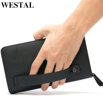 WESTAL Men's Wallet Genuine Leather Clutch Male Men's Clutch Bag Double Zip Wallet Leather Men Long Wallets Purse Money Bag 9069