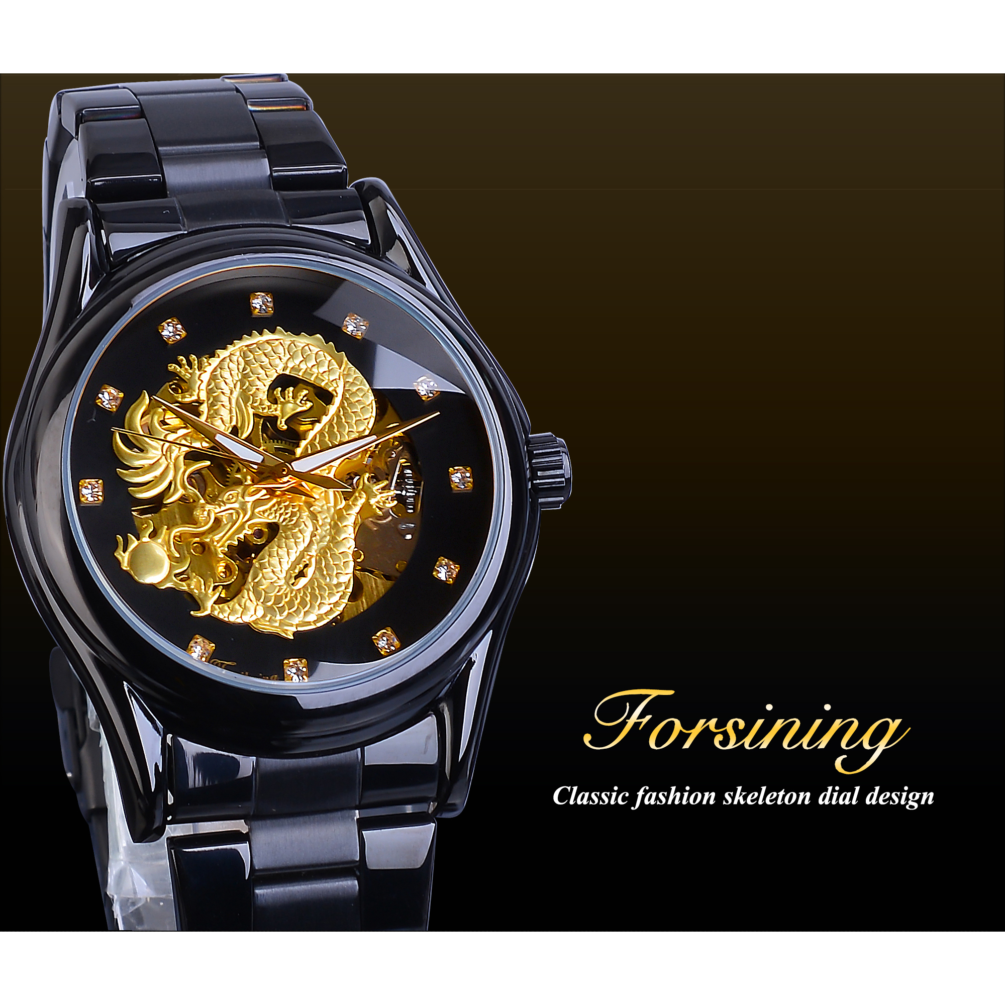 Forsining Skeleton Golden Mechanical Watch Men's Automatic 3D Carved Dragon Steel Band Wrist Watches Luxury Top Brand Self Wind