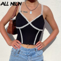 ALLNeon E-girl Ribbed Cross-criss Lace Trim Camis Top Y2K Summer Spaghetti Strap V-neck Ruffles Hems Backless Black Cropped Tops