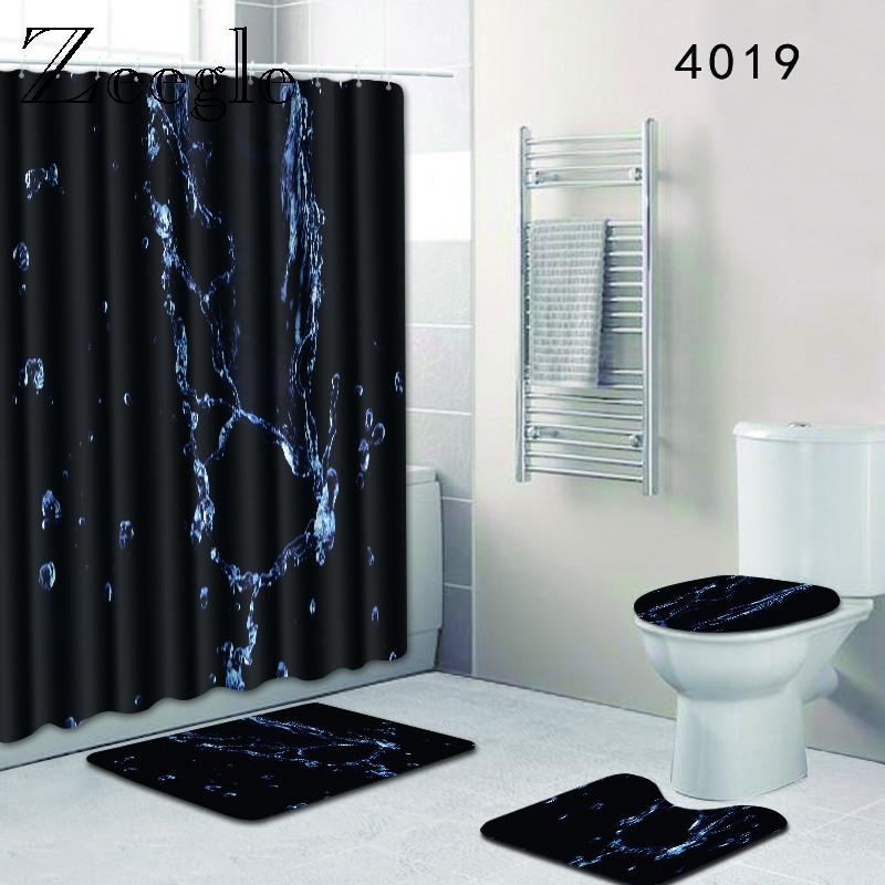 Printed Water Drop Bath Mat and Shower Curtain Set Flannel Toilet Seat Cover Mat Anti Slip Absorbent Foot Rug Shower Carpet Set