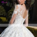 Glamorous Long Sleeve Appliques Chapel Train Ball Gown Wedding Dress 2020 Luxury Beading Scoop Neck Lace Up Princess Bridal Gown